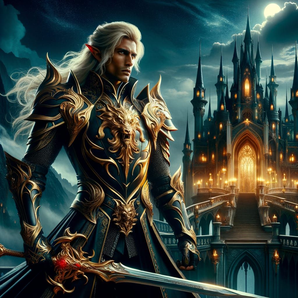 Elven Knight in Golden Armor Conquers Dark Fantasy Castle