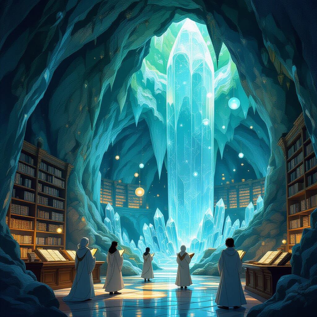 Ancient Crystal Library with Ethereal Books and Light Orbs