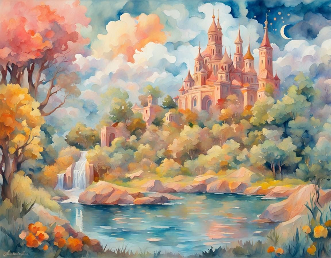 Dreamlike Gouache Painting of a Textured Landscape