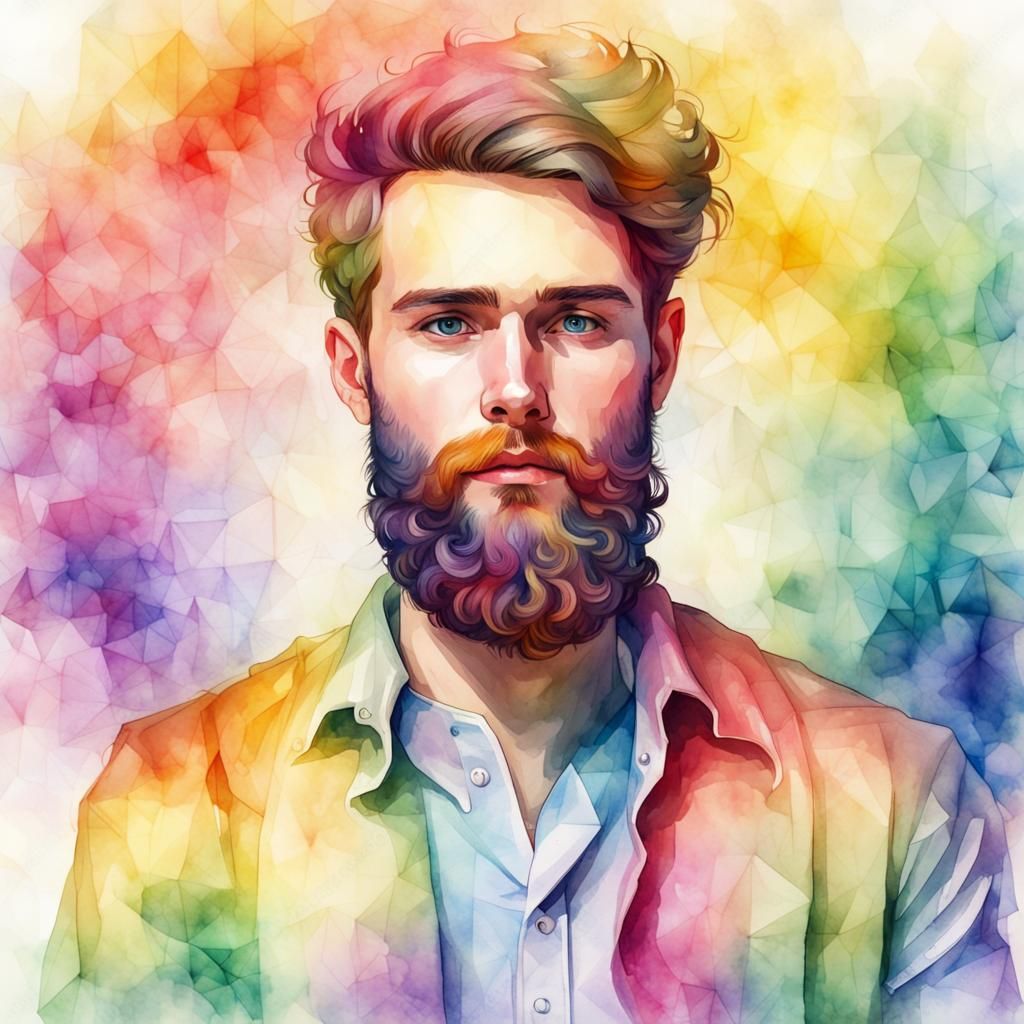 Watercolor Portrait of Young Man in Rainbow Attire