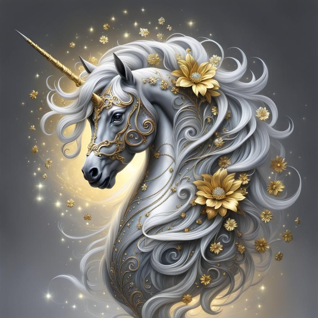Luminescent Silver Unicorn with Gold Flowers