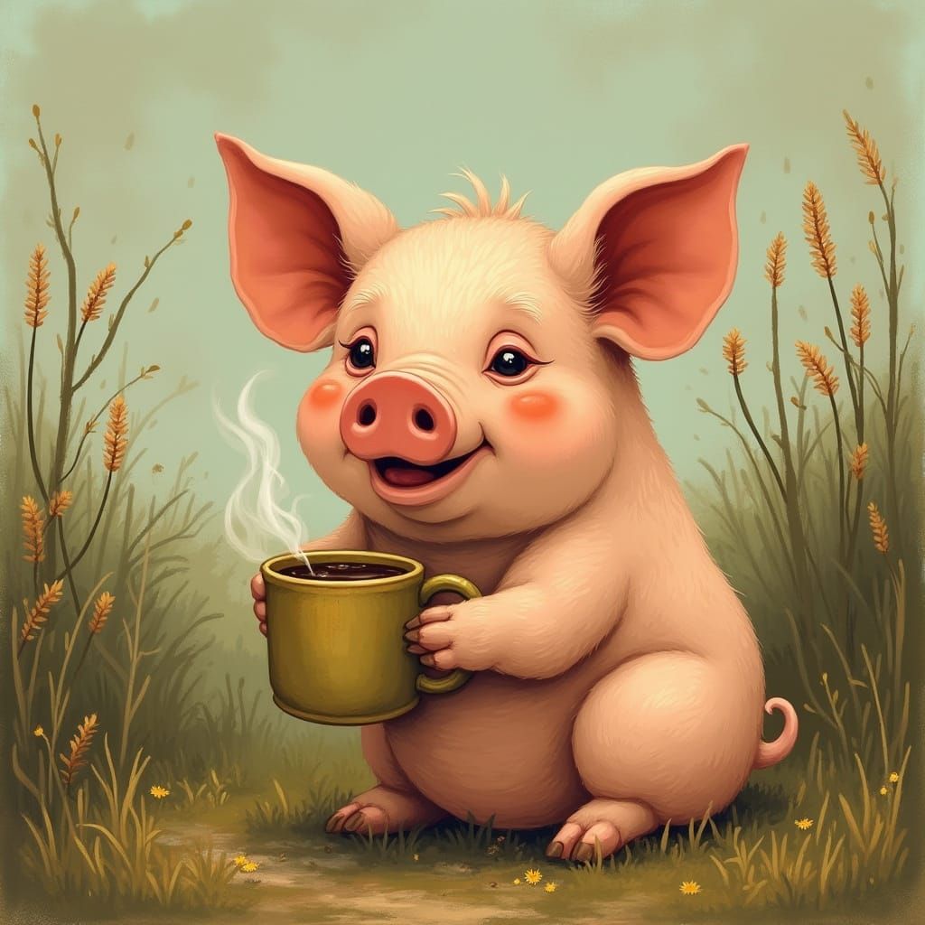 Charming Pig with a Warm Mug in a Whimsical Countryside Scen...