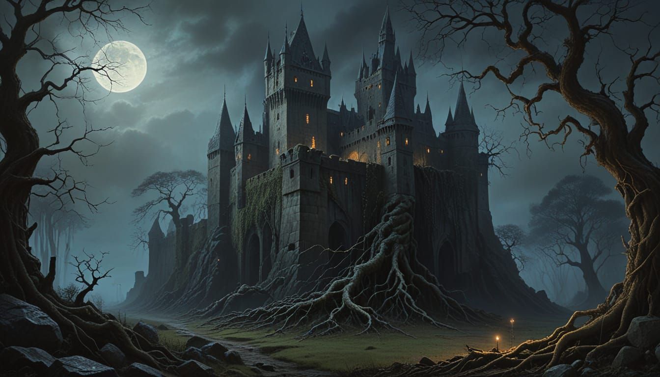 Mystical Castle in Dark, Surreal Landscape