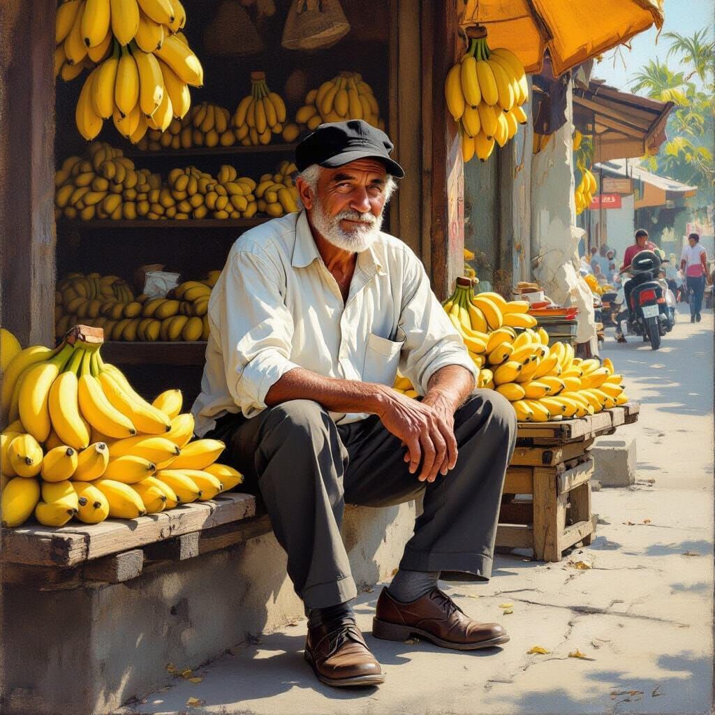 Grandfather Awaiting Customers at Roadside Banana Stall