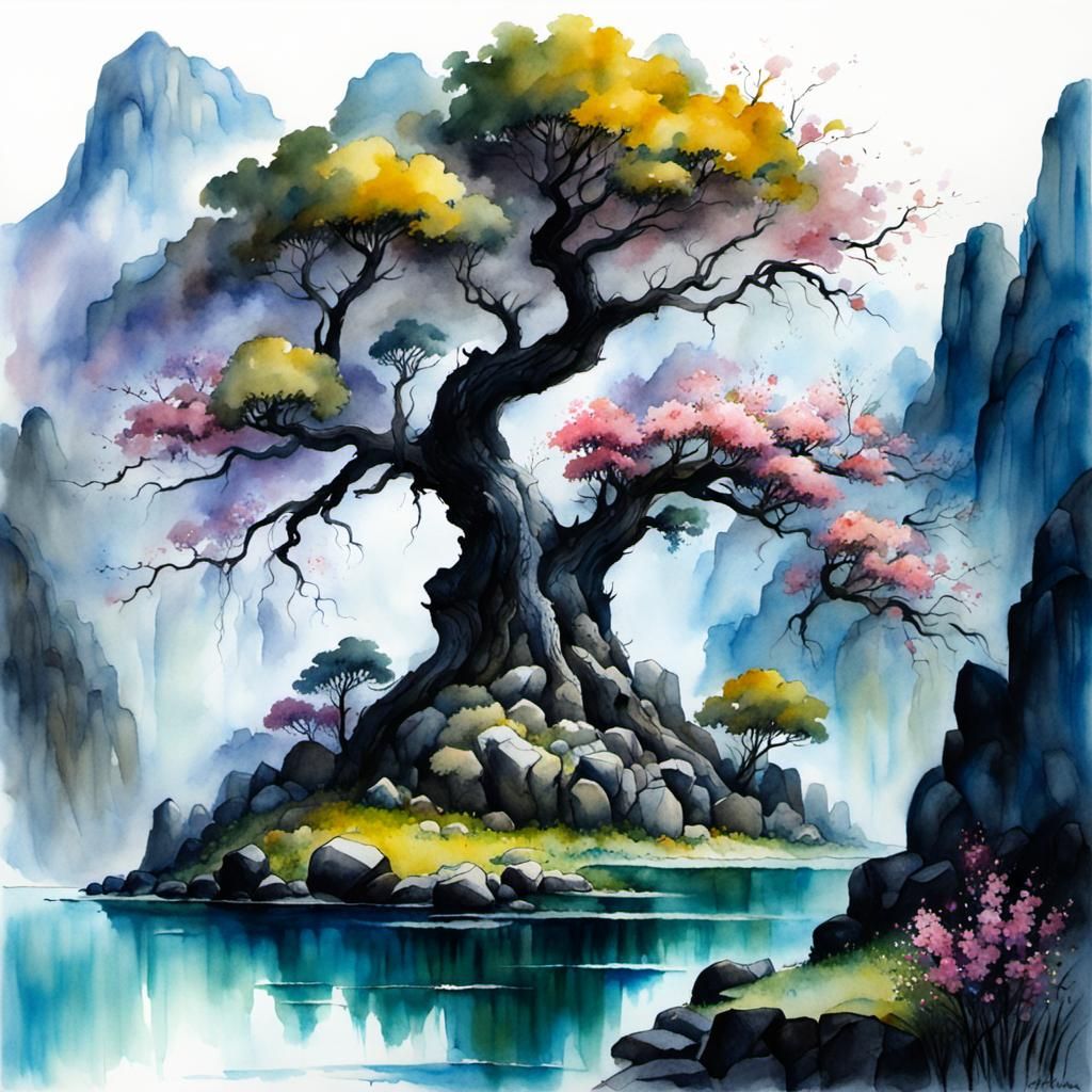 Elven Tree Watercolor Painting with Floral Landscape