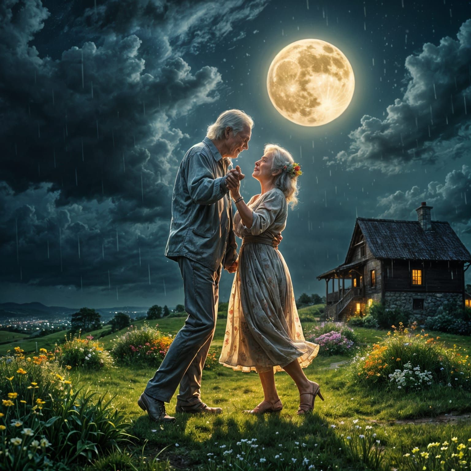 Elderly Couple Dancing in Rainy Moonlight, Digital Art