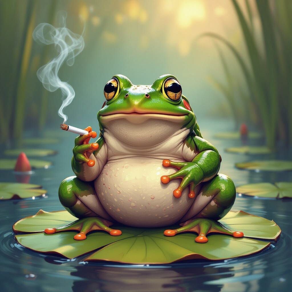 Whimsical Bullfrog with Cigarette on Lily Pad
