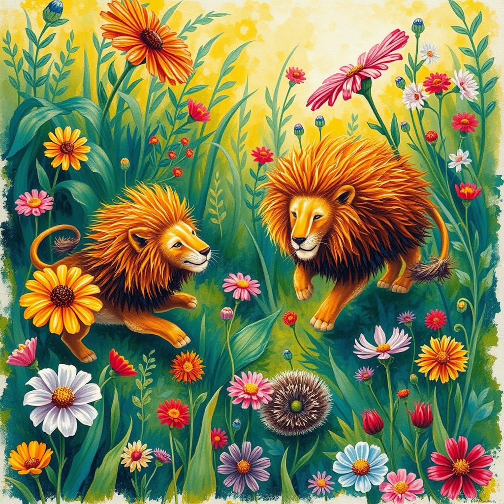 Vibrant Paradise Garden Scene with Hedgelions and Dandehogs ...