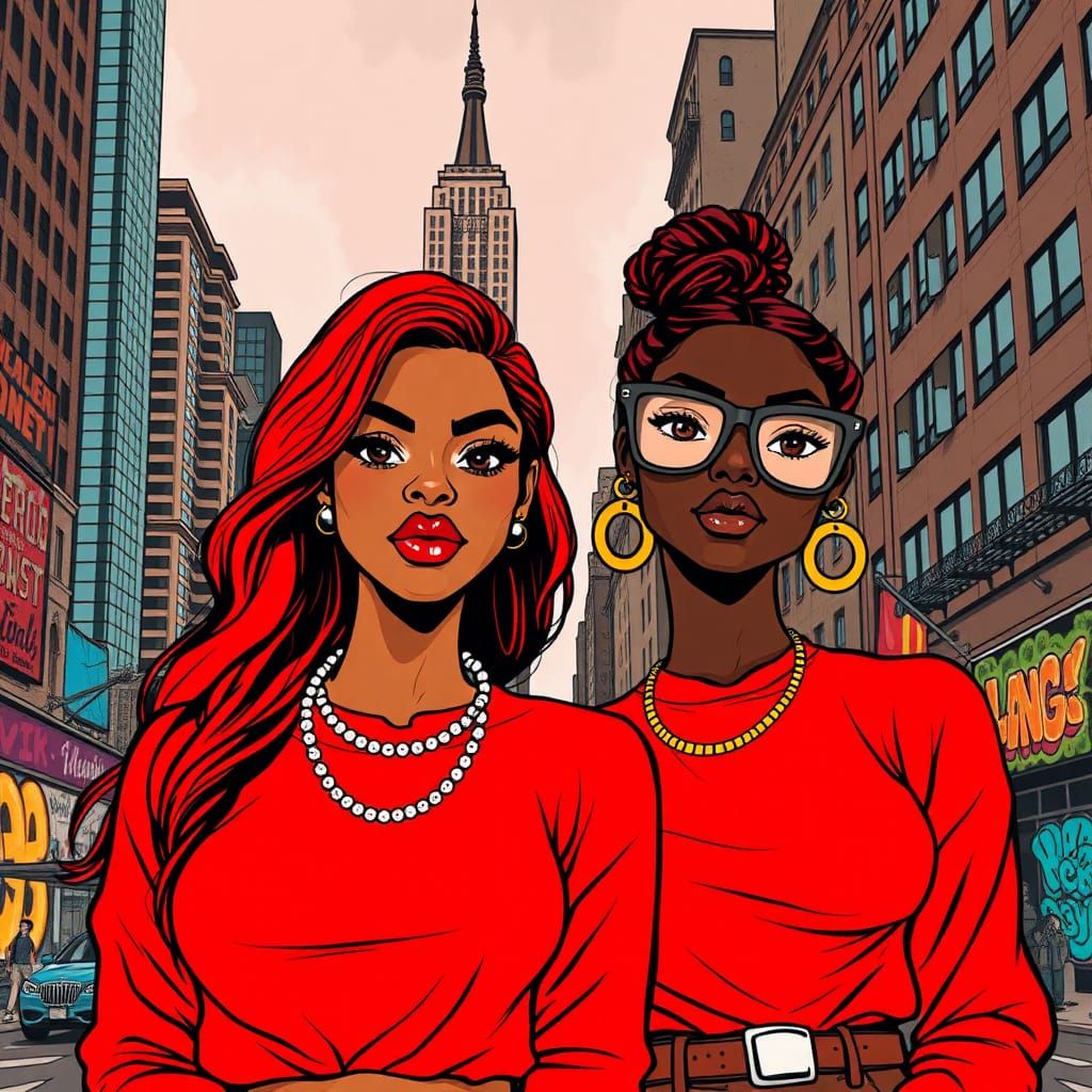 Pop Art Illustration: Melanin Women in Cityscape