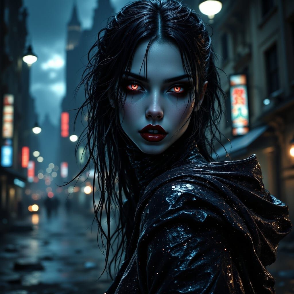 Ethereal City Vampire in Futuristic Night