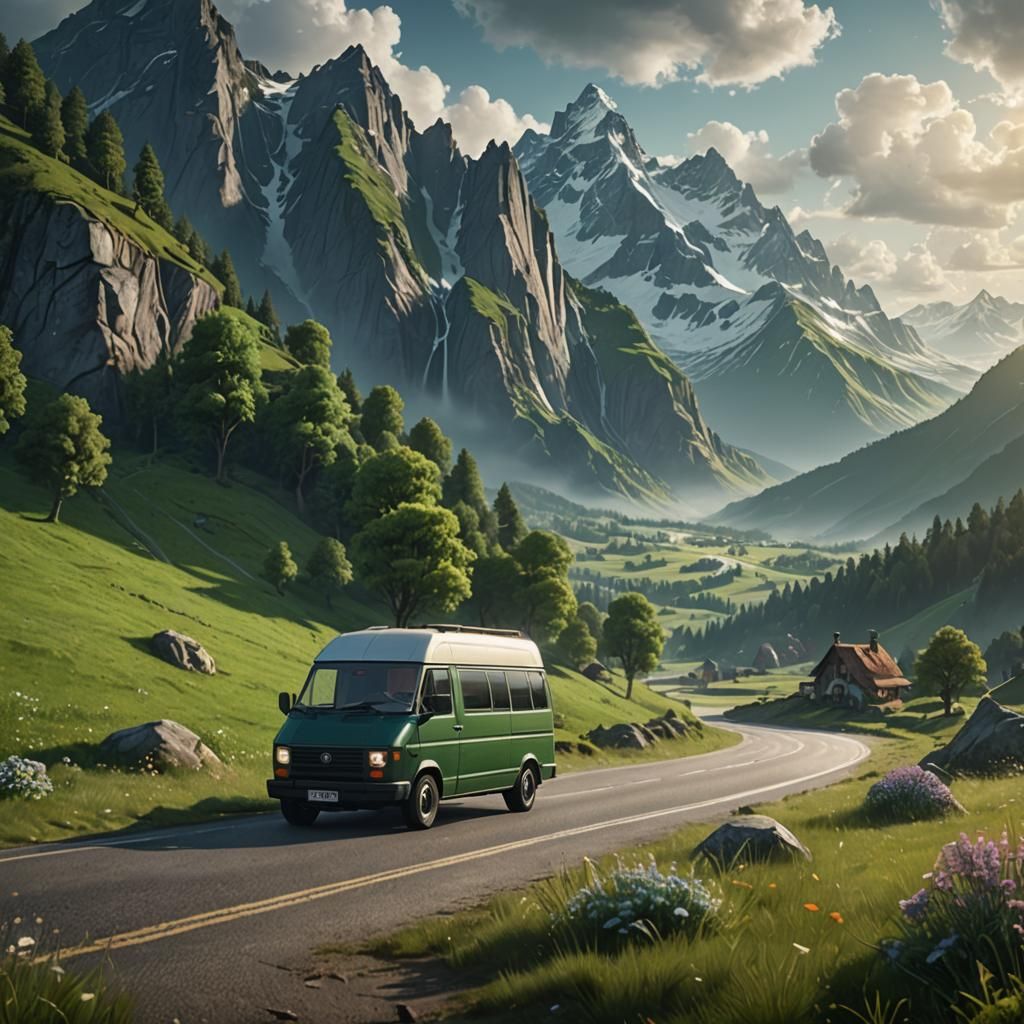 Van Journey Through Green Meadows: Fantasy Concept Art