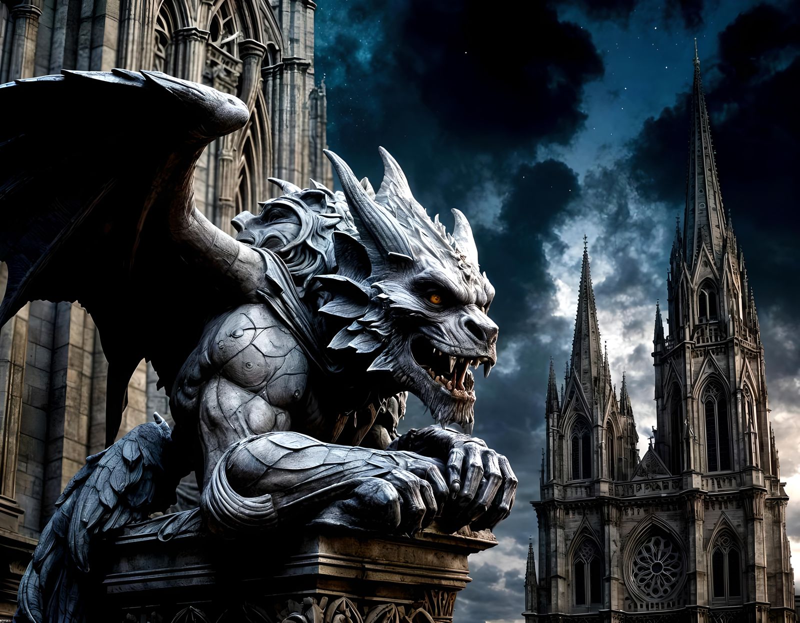 Menacing Gargoyle on Gothic Cathedral in Dark Fantasy Style