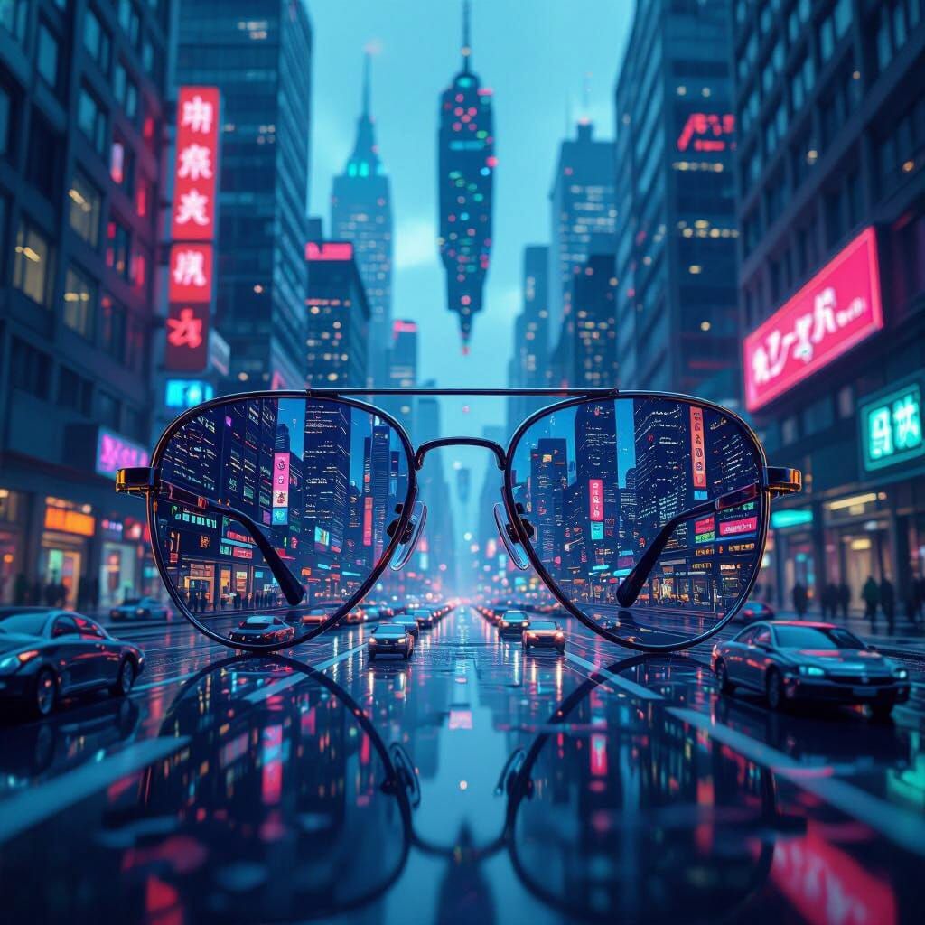 Upside-Down Cityscape Reflected in Silver Glasses