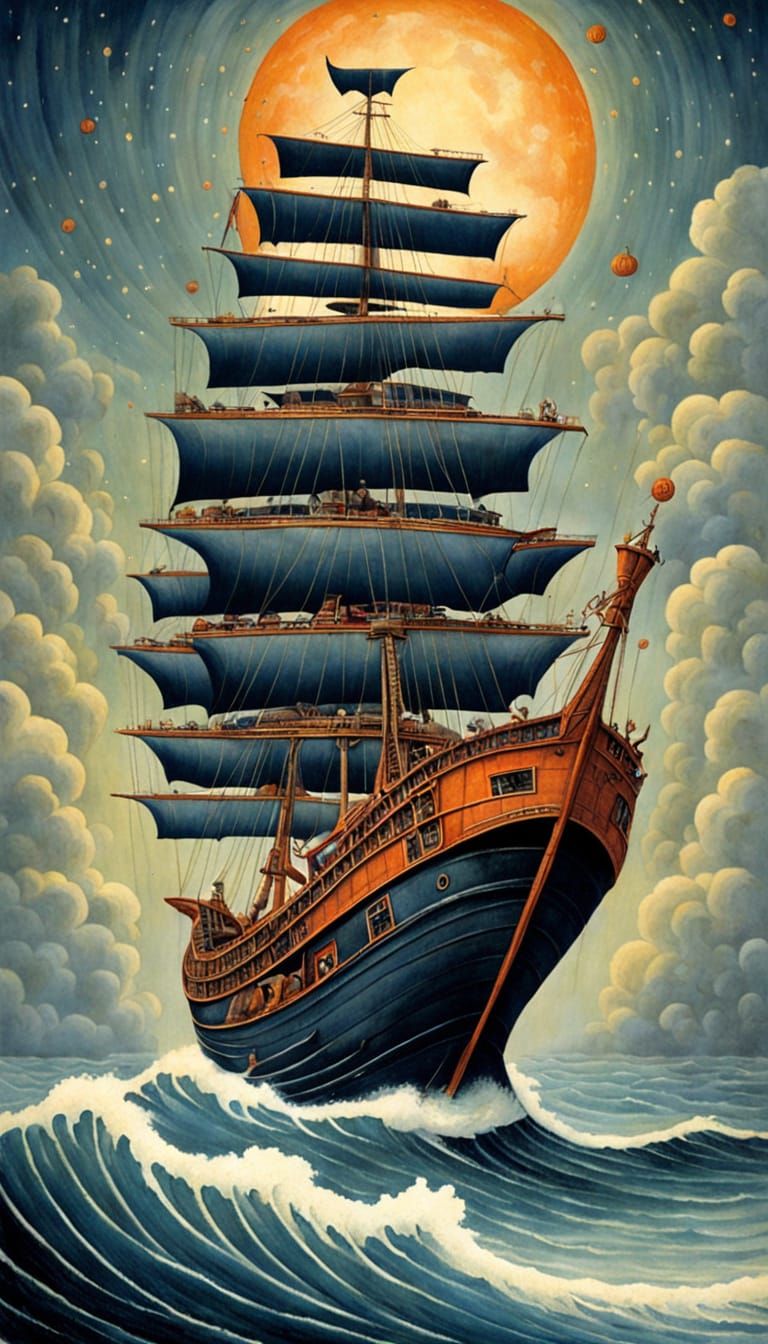 Cosmic Ocean Pumpkin Ship in Frazetta, Hokusai, Varo Style