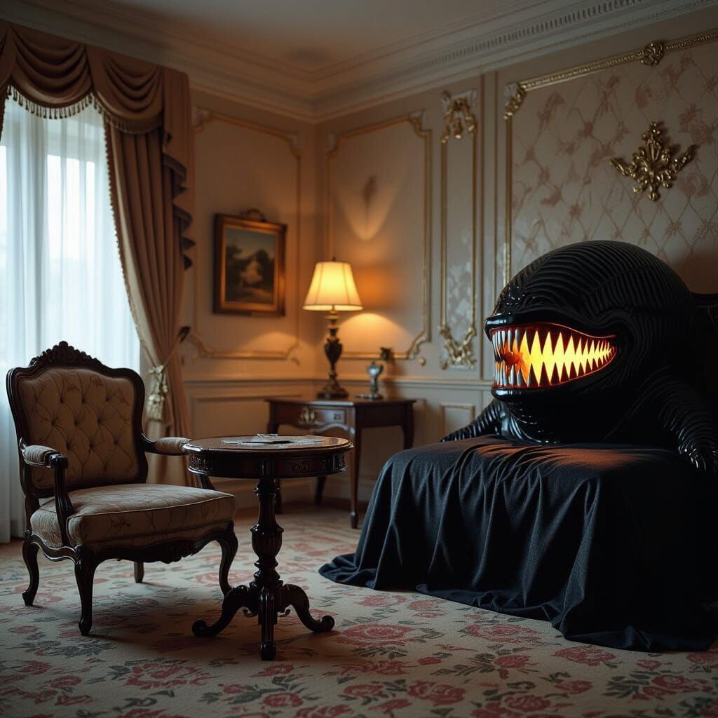 Elegant Hotel Room with Monstrous Mimic, Dark Art
