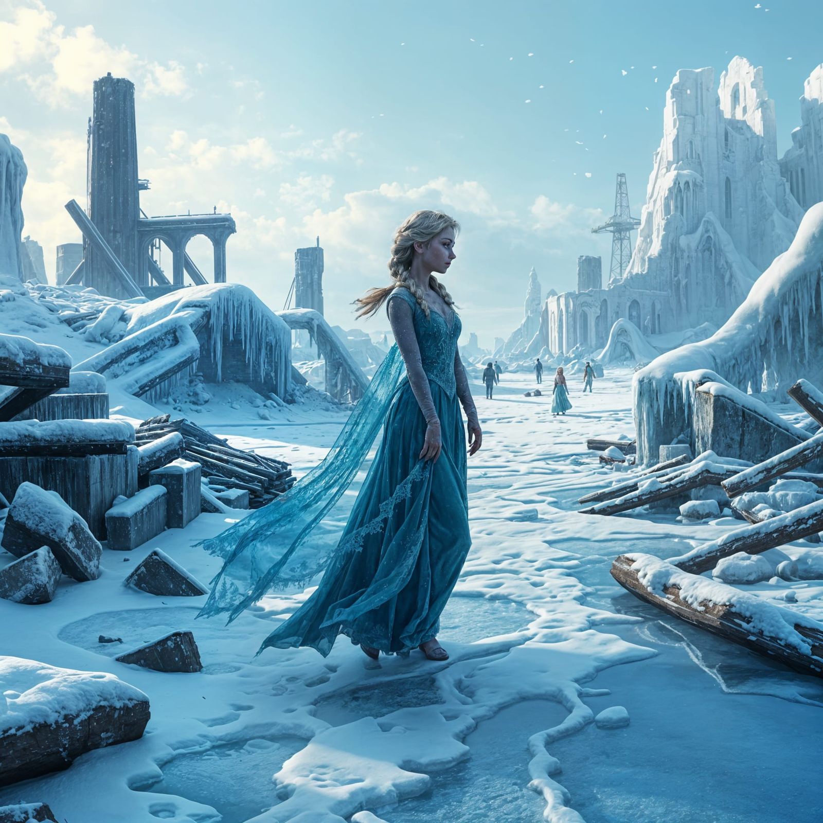 Elsa Walks Through a Frozen Cyberpunk Wasteland
