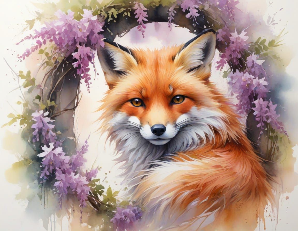 Fluffy Fox Under Wisteria Arch, Monet Style