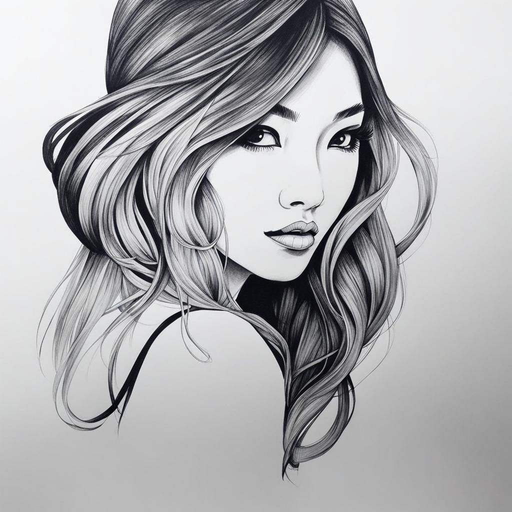 Elegant Ink Drawing of a Pretty Girl