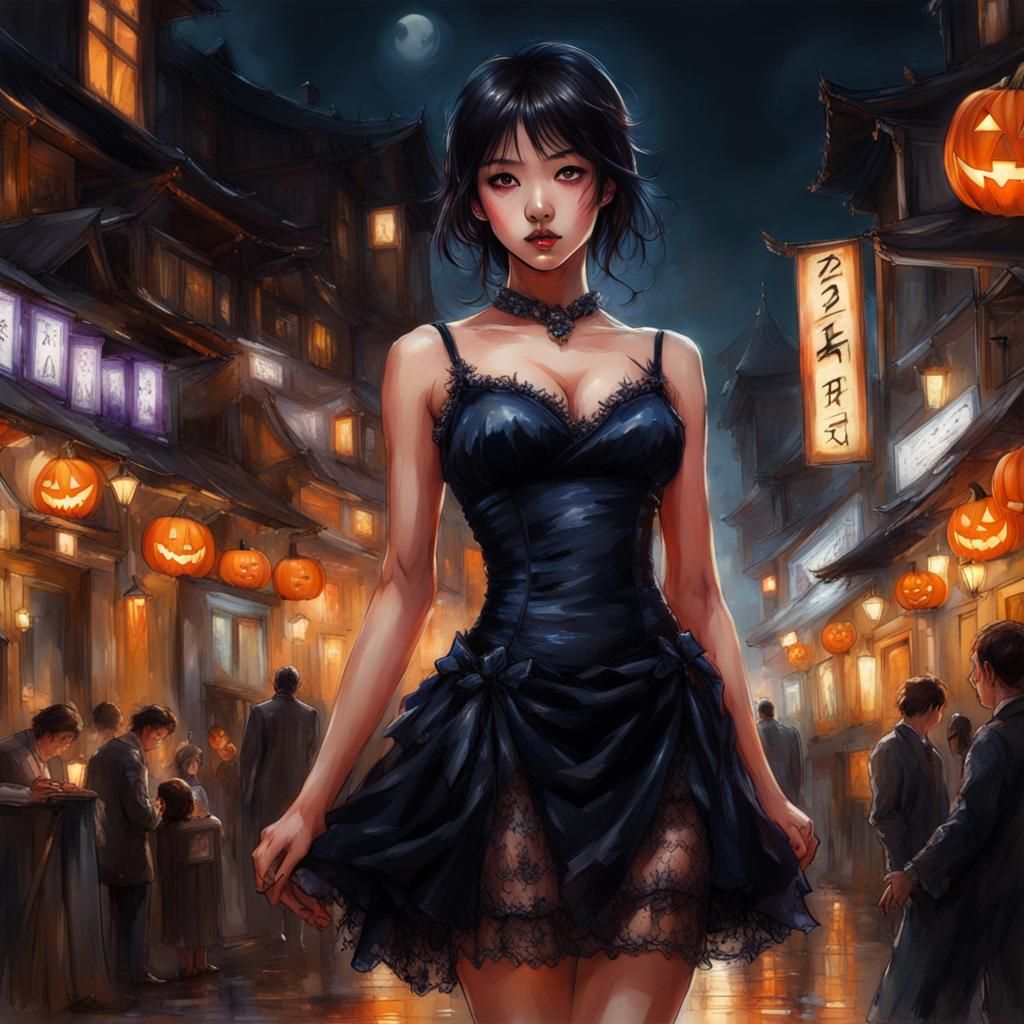 Beautiful Japanese Girl at Halloween Party, Splash Art