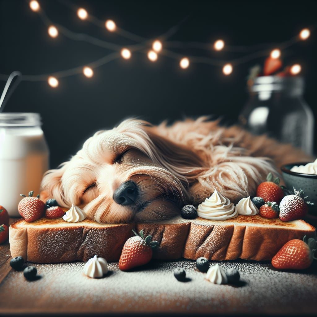 Dog Sleeping on French Toast in Hyperrealism