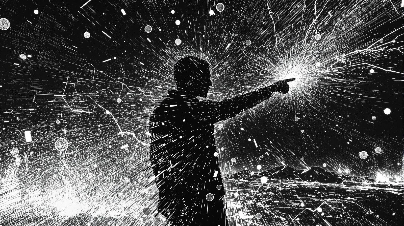 Cyberpunk Voidlight Man with Lightning and Glitch Art