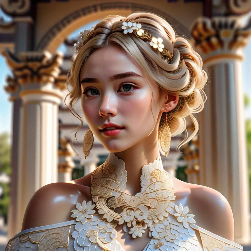 Blonde Goddess with Geisha Accents Poses before Classic Gree...