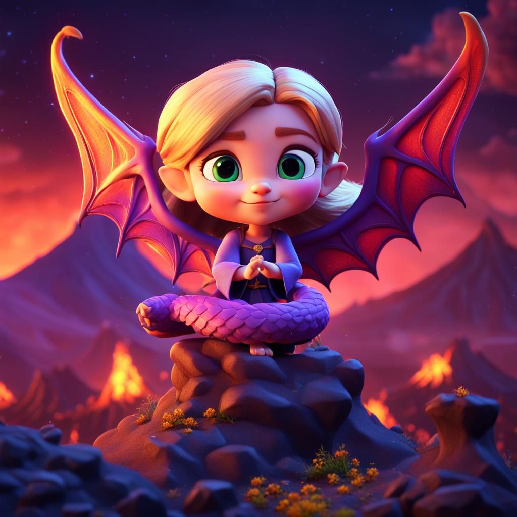 Demonic Chibi Rapunzel with Dragon Wings, 3D Render