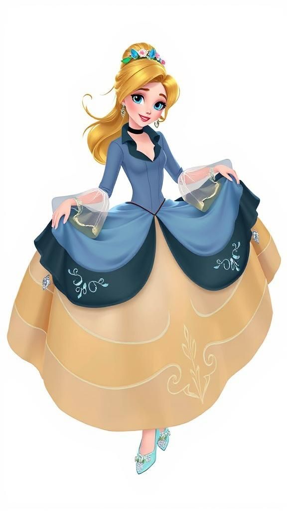 a beautiful and young girl from the Cinderella cartoon, a graceful face, a graceful young slender body of a girl, long g...