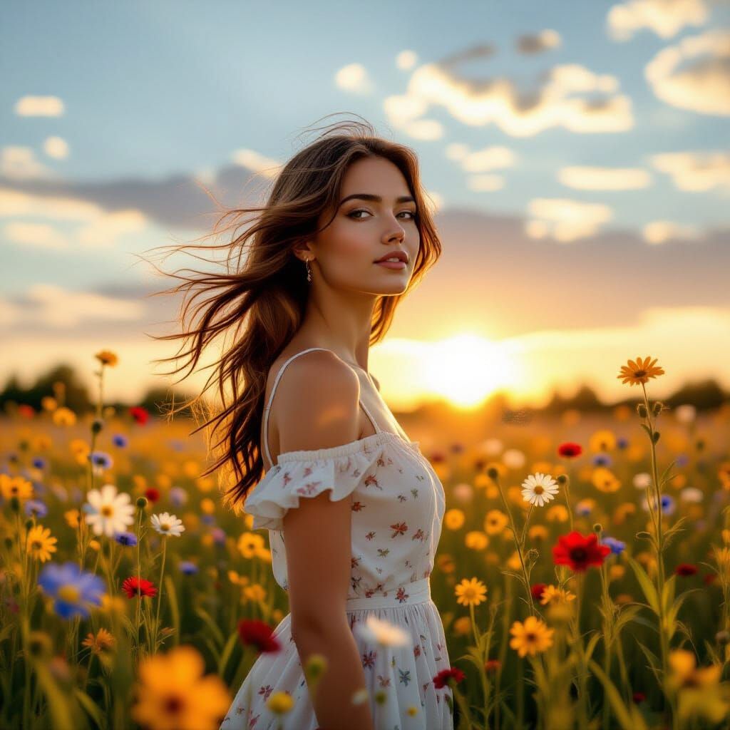 Woman in Wildflower Field, Neo-Impressionist Style