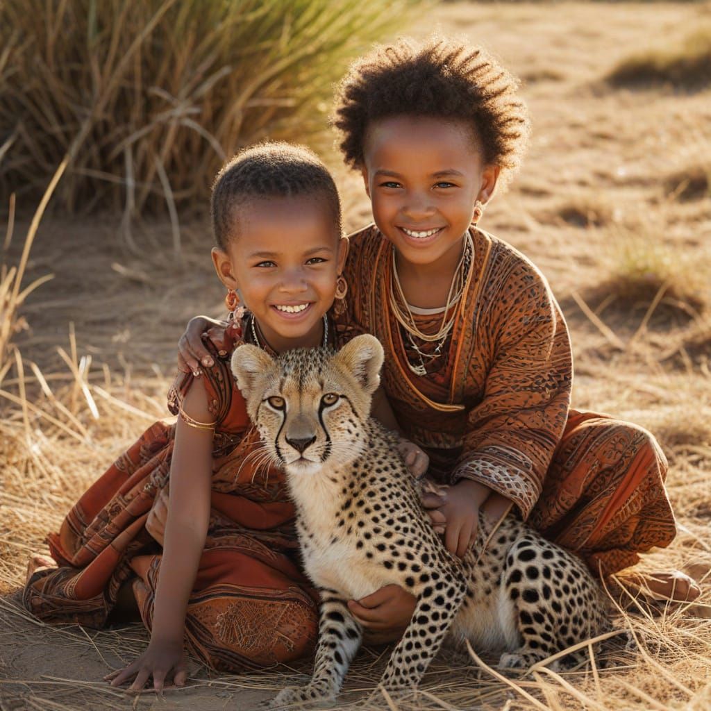 Joyful Khoisan Children Play with Baby Cheetah in Warm Morni...