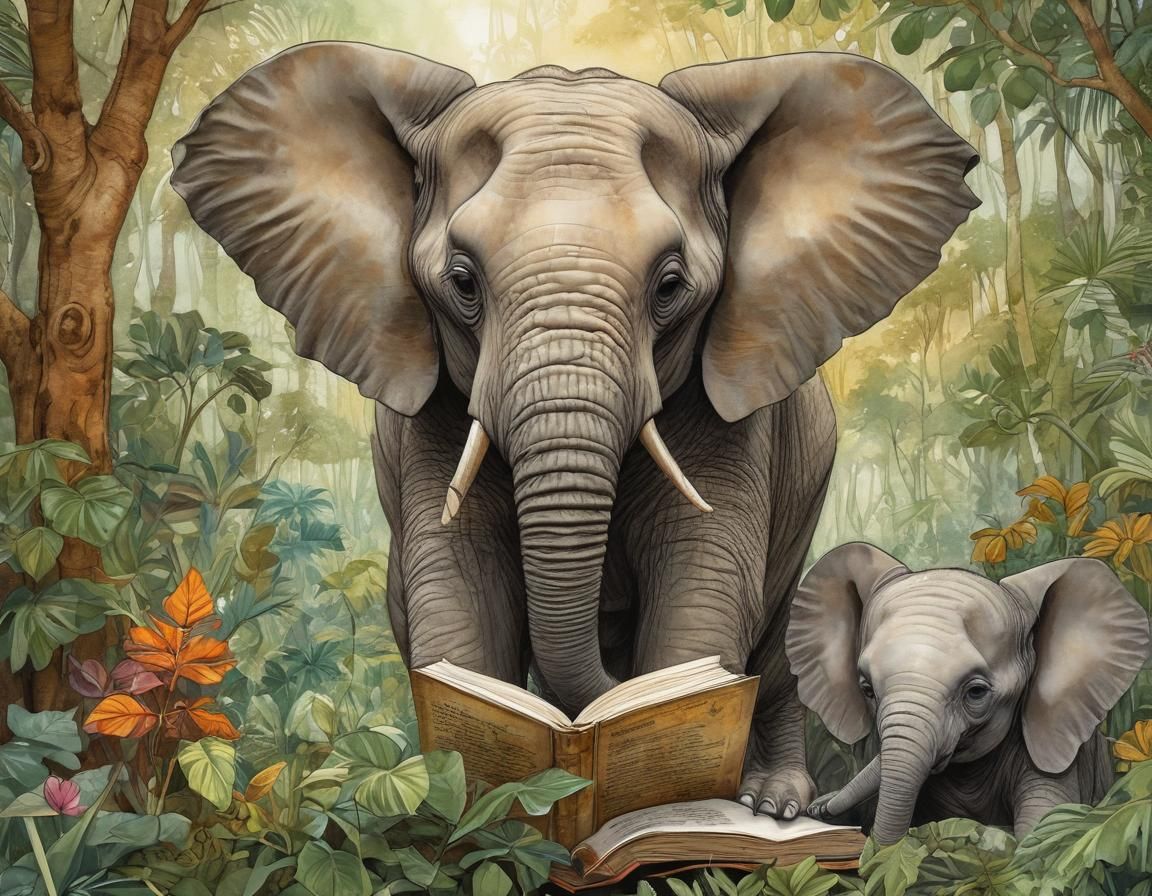 Whimsical Elephant Reads to Babies in Jungle Storybook