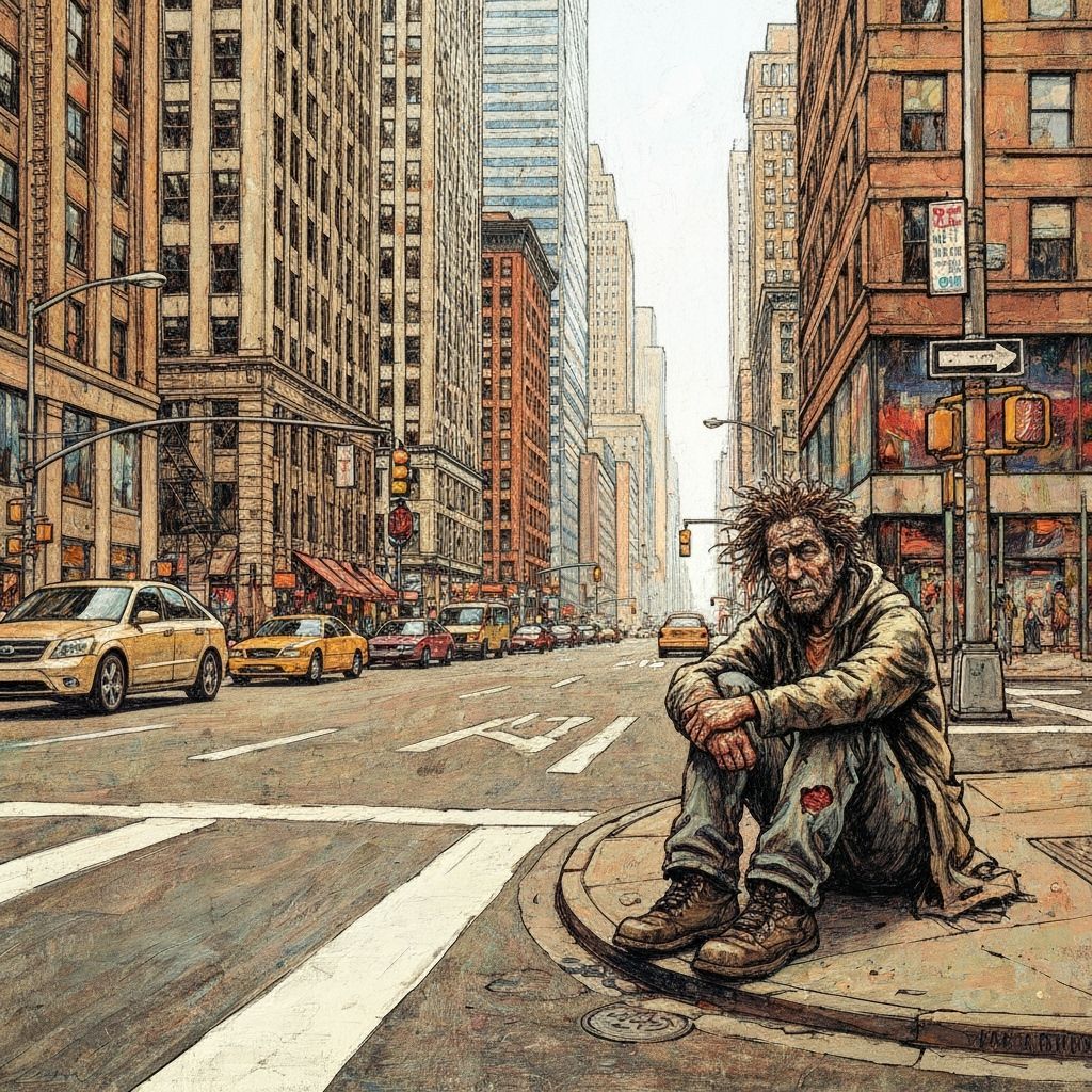 Vagrant in Cityscape, Urban Impressionism Style