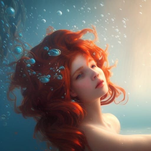 Underwater Redhead Princess Portrait in Art Nouveau Style