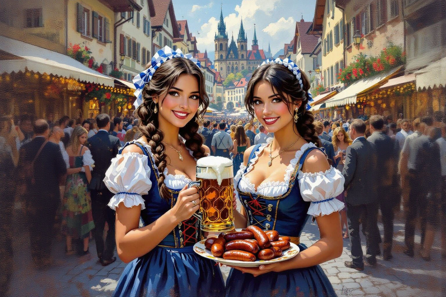 Oktoberfest Celebration with Beer Maids as Oil Painting