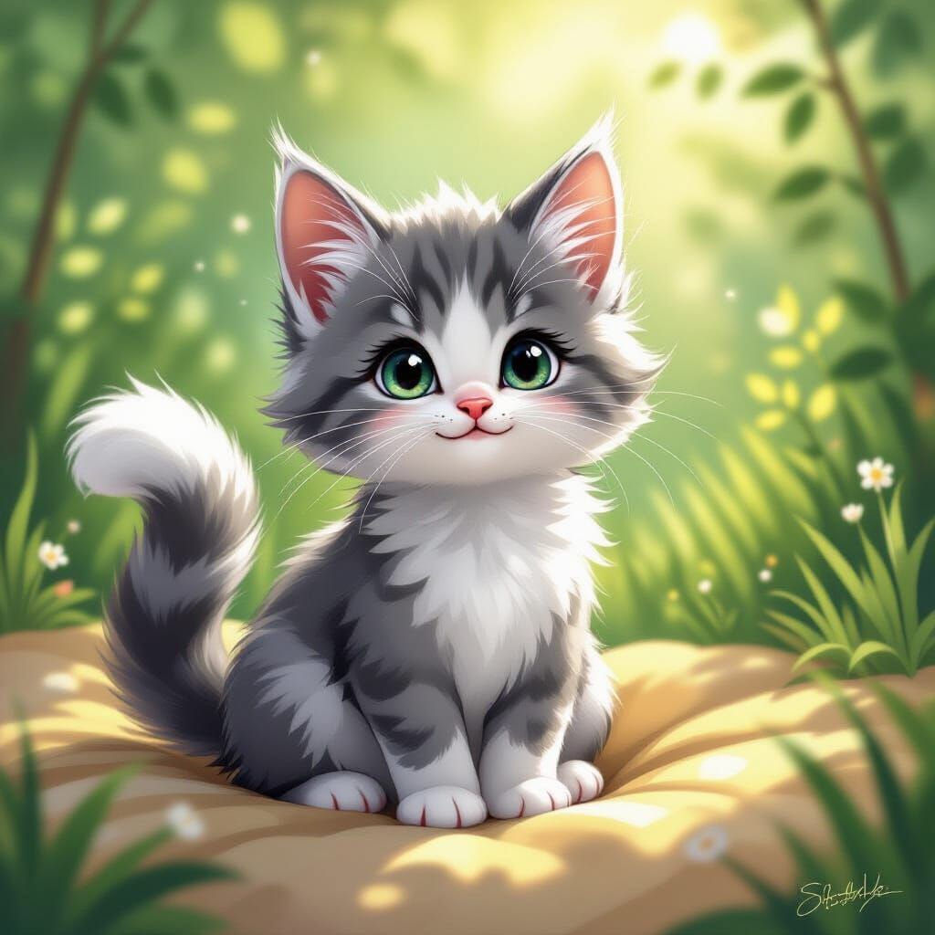 Whimsical Kitten in Sunlight with One Fluffy Tail