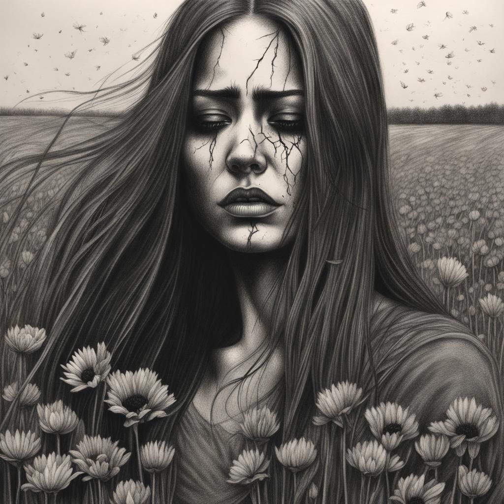 Crying Woman in Dead Flower Field: Charcoal Drawing