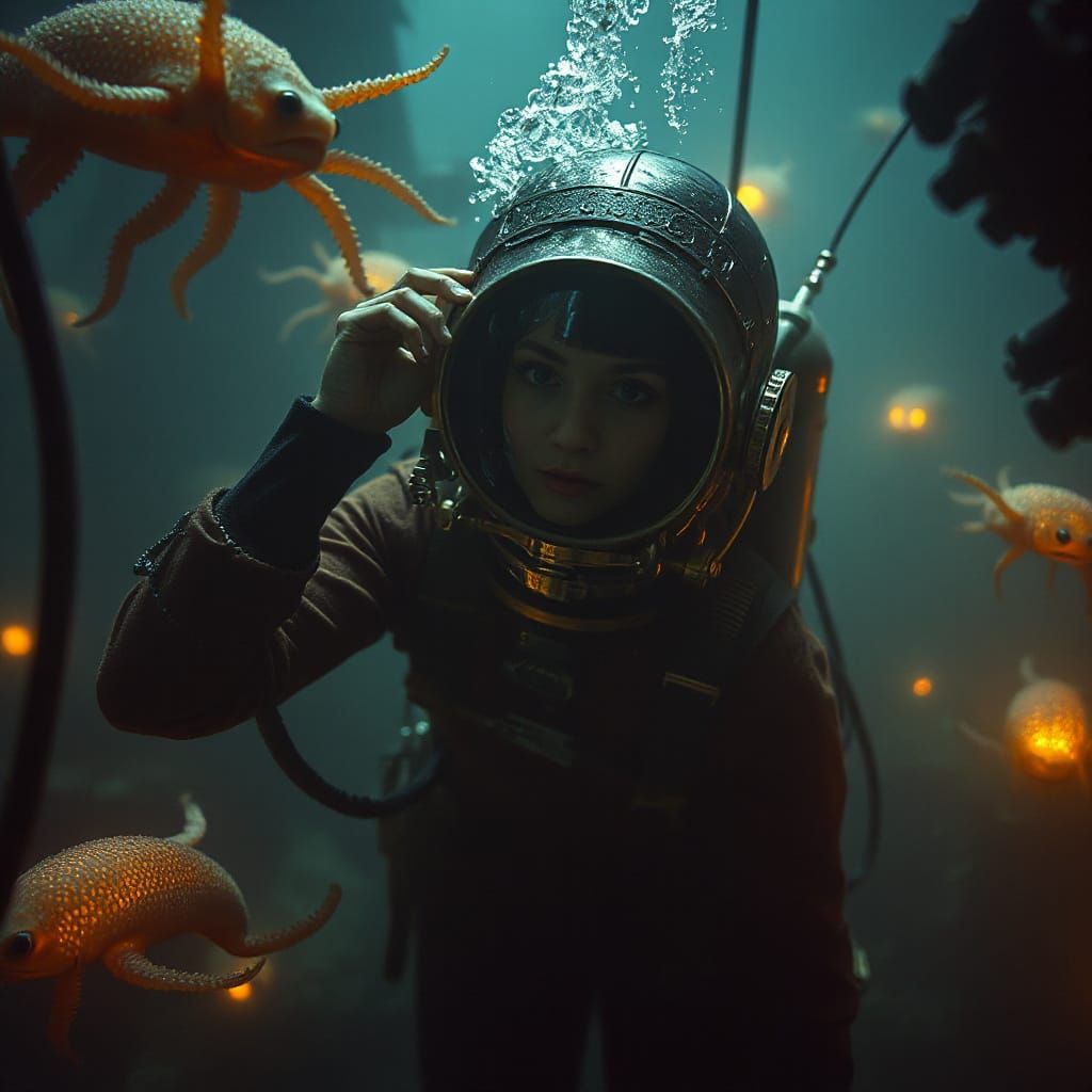 Victorian Diver Exploring Bioluminescent Deep Sea, Beksiński...