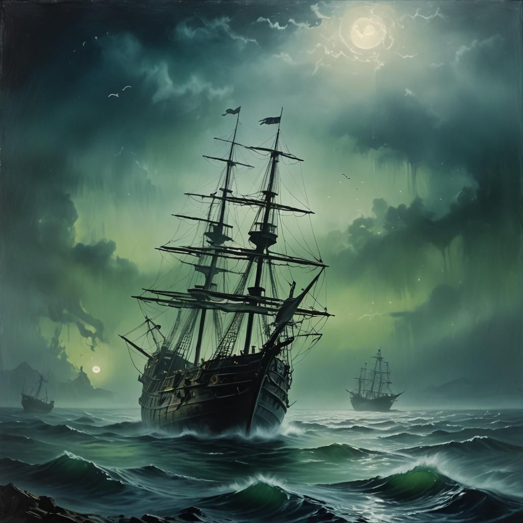 Eerie Ghost Ship in Foggy Ocean: Surrealist Oil Painting