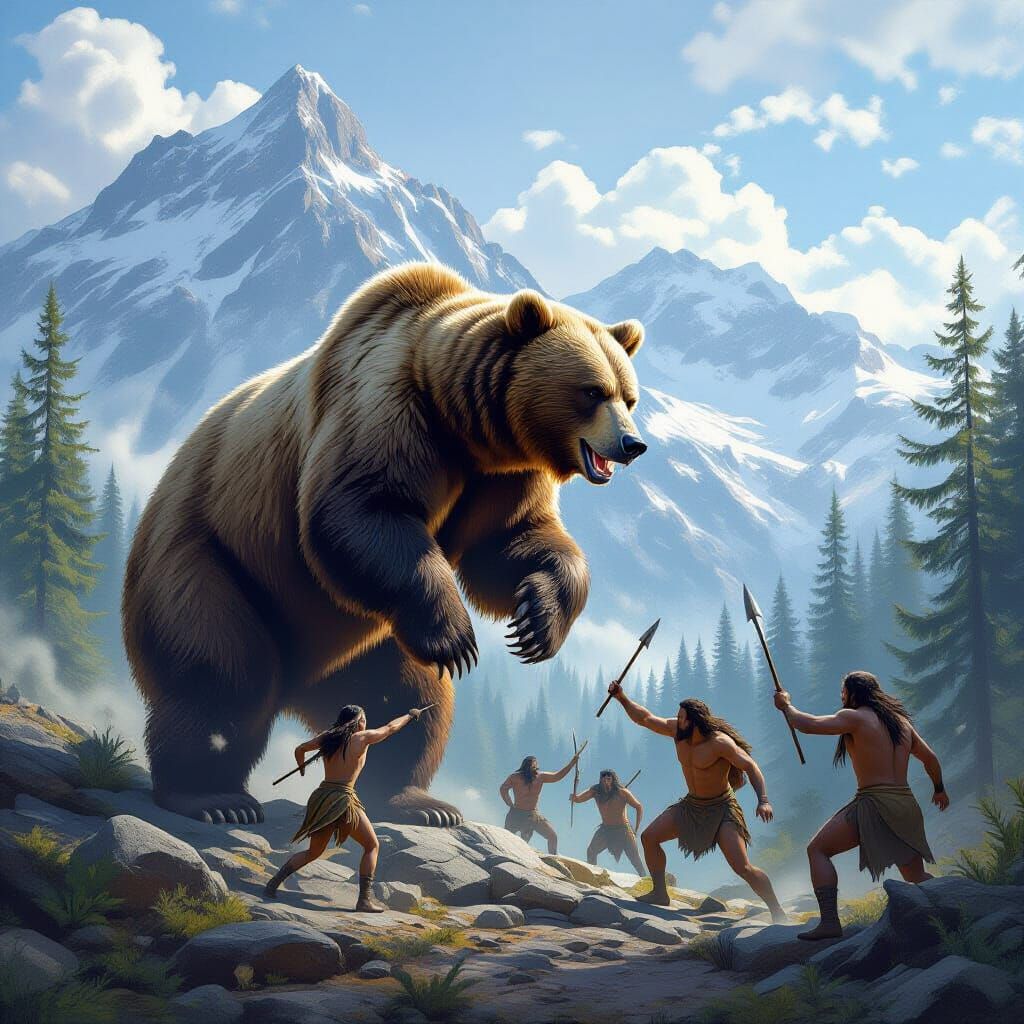 Grizzly Bear Mountain Battle: Primal Human Defense