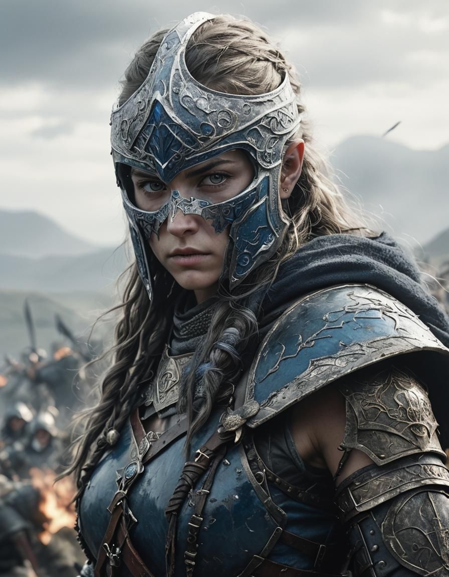 Warrior Woman Portrait in Fantasy Battle Scene