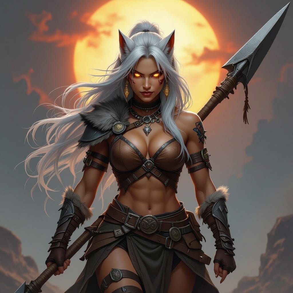 Fierce Kitsune Barbarian in Exotic Armor Strides Towards the...