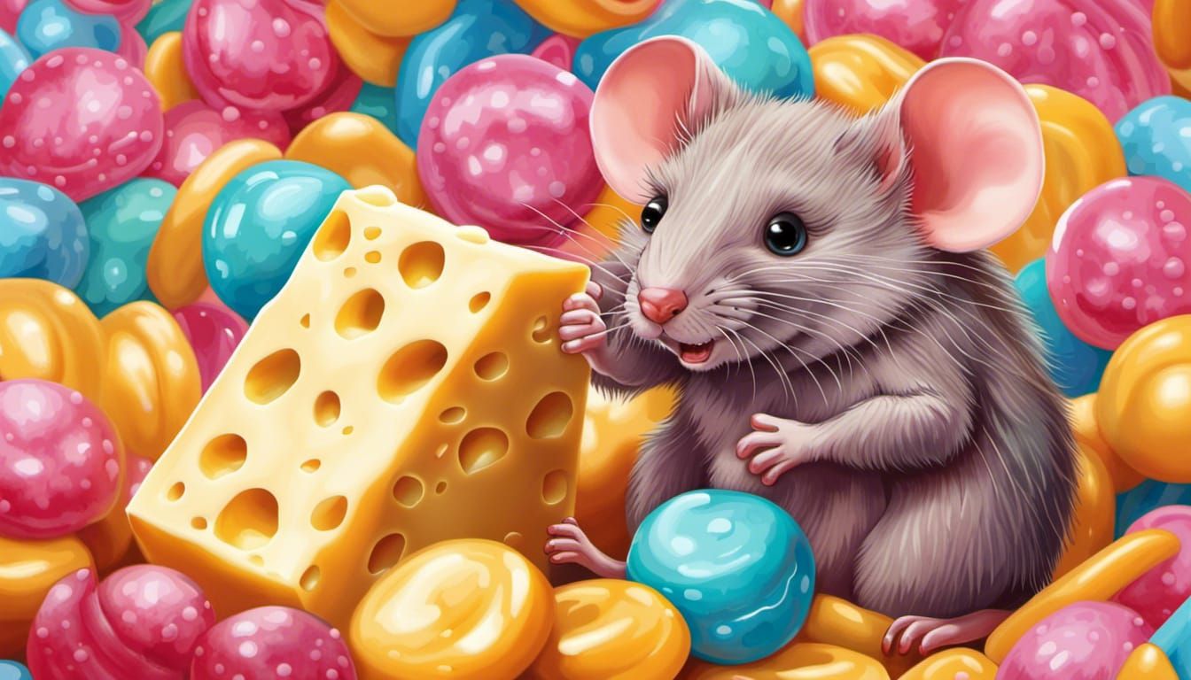 Cute Mouse Enjoying Cheese in Candy Art Style