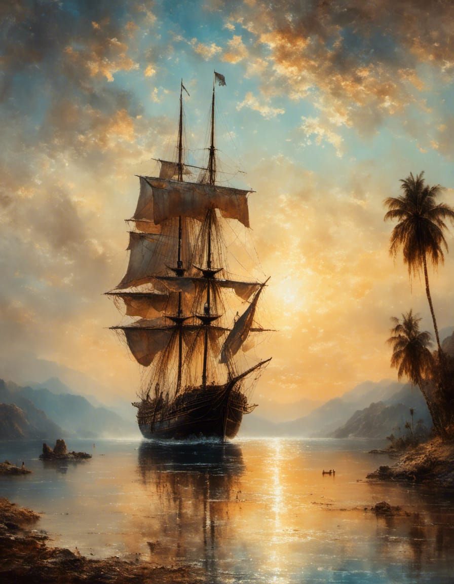 Pirate Schooner at Sunset: A Romantic Painting