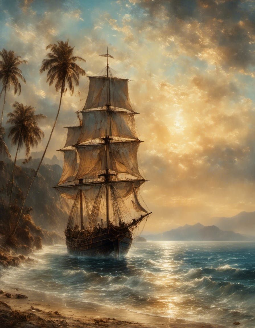 Pirate Schooner at Sunset in Turner Style