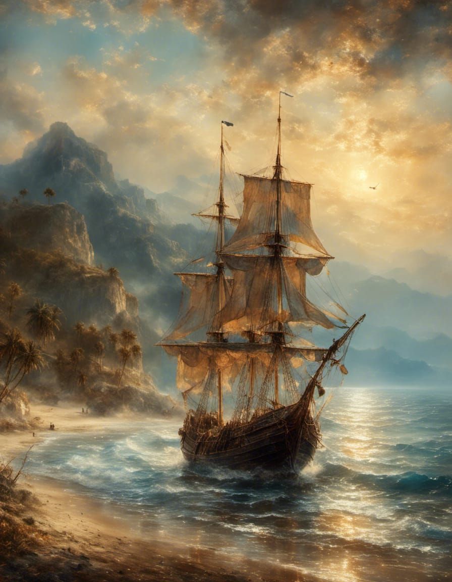Pirate Schooner Sunset: A Romantic Seascape Painting