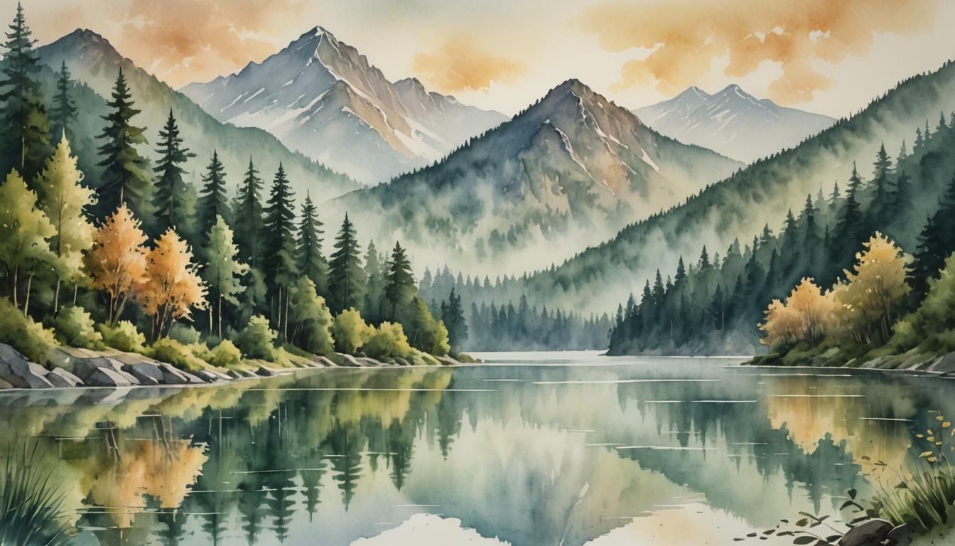 Watercolor Mountain Lake Landscape Painting