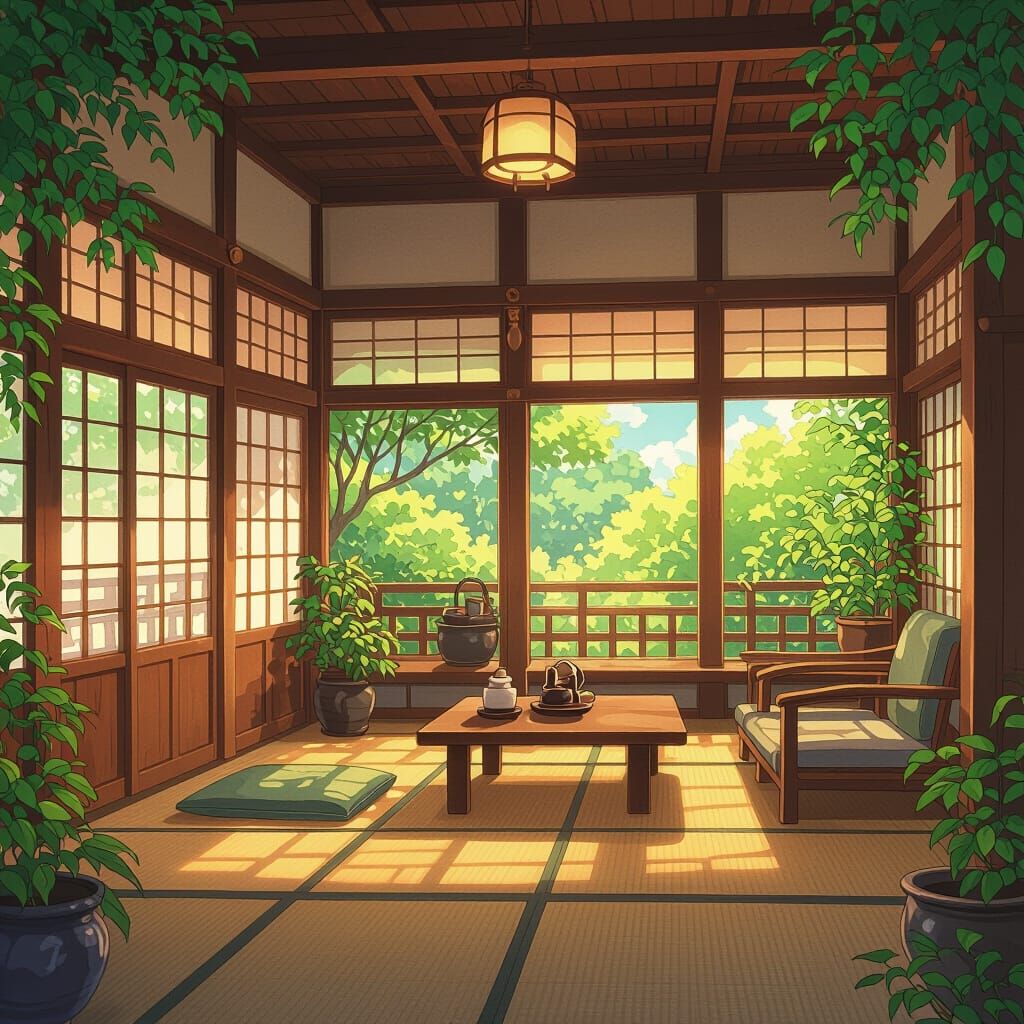 Serene Japanese Tea Room in Anime Style