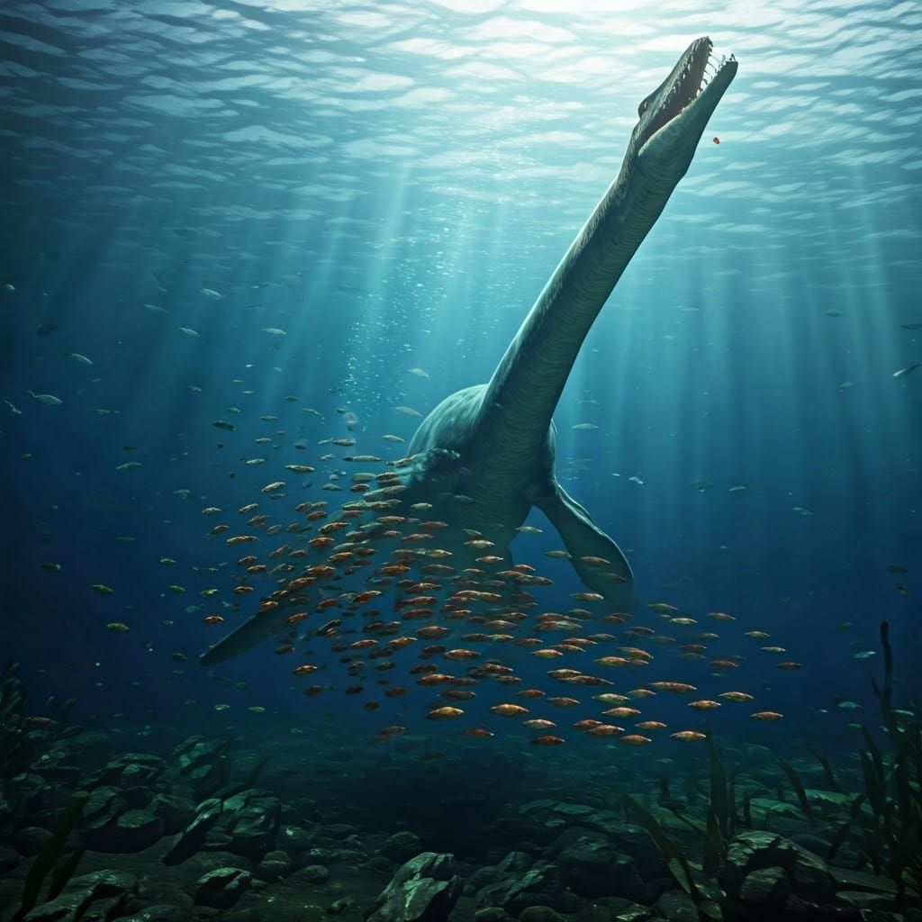 Epic Plesiosaur Chases School of Fish in Hyperdetailed Under...