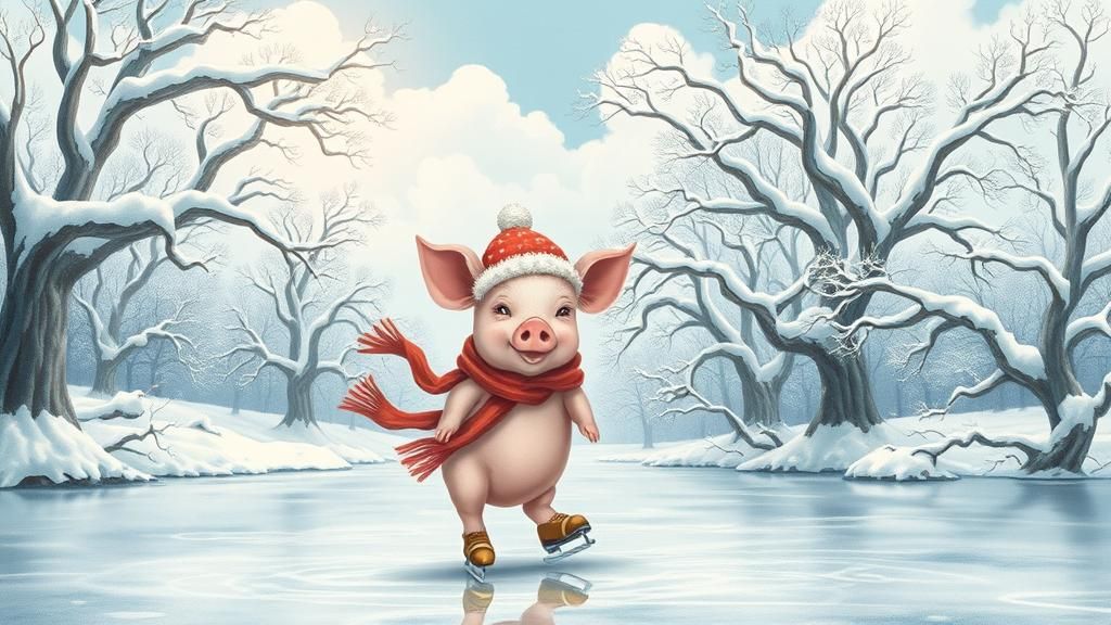 Piglet Ice Skating in Art Nouveau Style