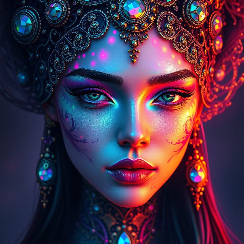 Ethereal Queen of Many Realms in Vibrant, Iridescent Hues